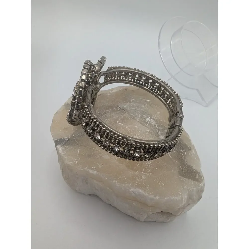 Ornate Silver Tone Crystal Rhinestone Bangle Bracelet Fashion Jewelry